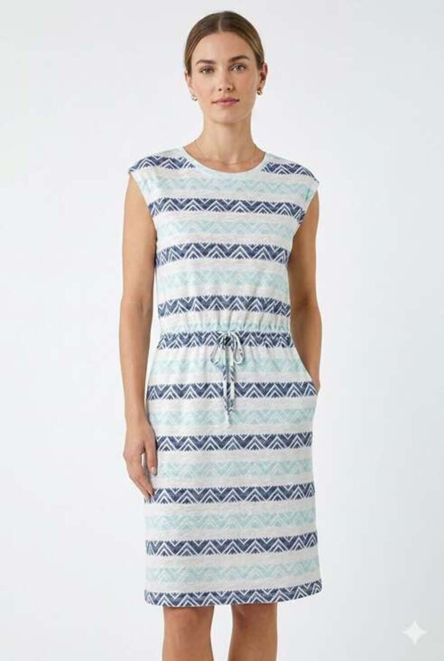 Sonoma Striped Drawstring Midi Dress in Light Blue and Navy Sz Medium